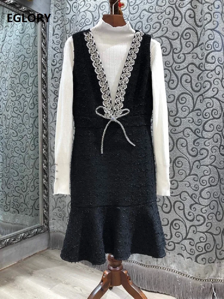 

High Quality New Wool Suits 2020 Autumn Winter 2 pc Set Women Turtleneck White Pullover Tops+Sexy V-Neck Beading Wool Vest Dress