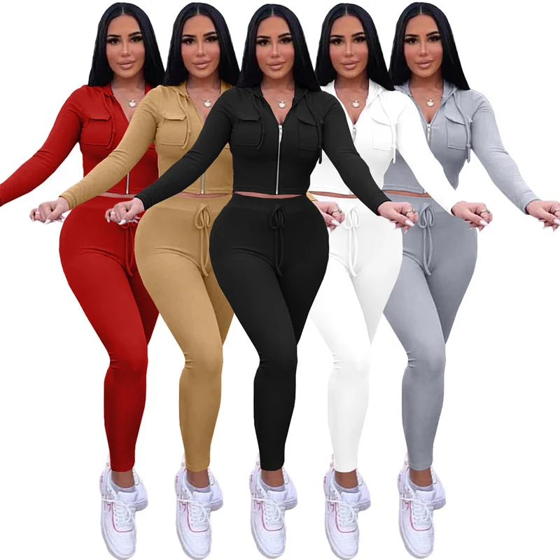 2021 Women 2 Two Piece Set Outfits Autumn Winter Women's Tracksuit Zipper Hooded Pockets Crop Top and Pants Casual Sports Suits