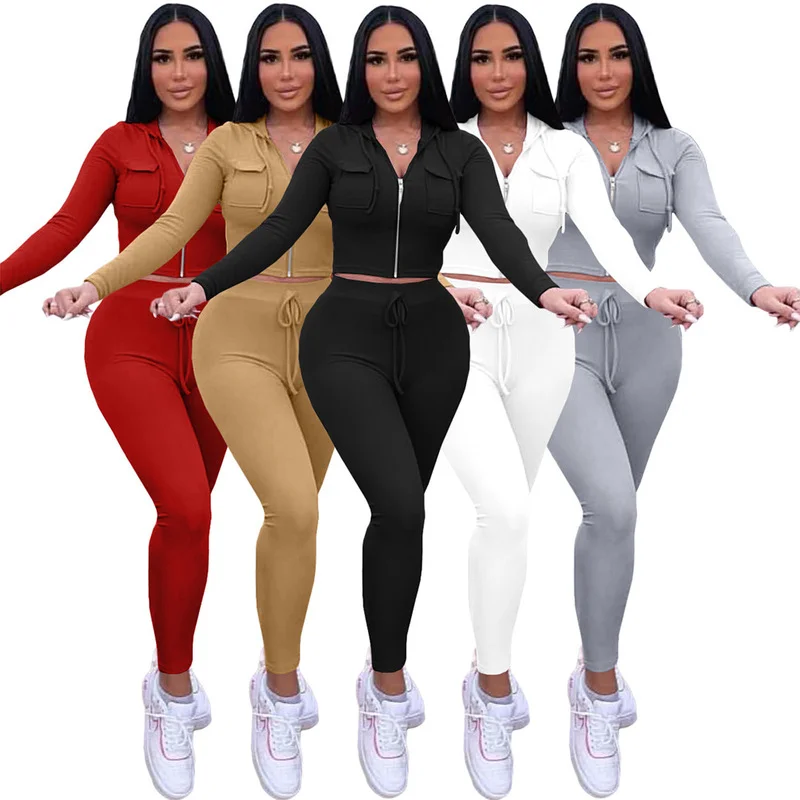 2021 Women 2 Two Piece Set Outfits Autumn Winter Women's Tracksuit Zipper Hooded Pockets Crop Top and Pants Casual Sports Suits 2 pcs set men tracksuit casual multiple pockets zipper decor hooded sweatsuits warm exercise elastic waist winter coat pants set