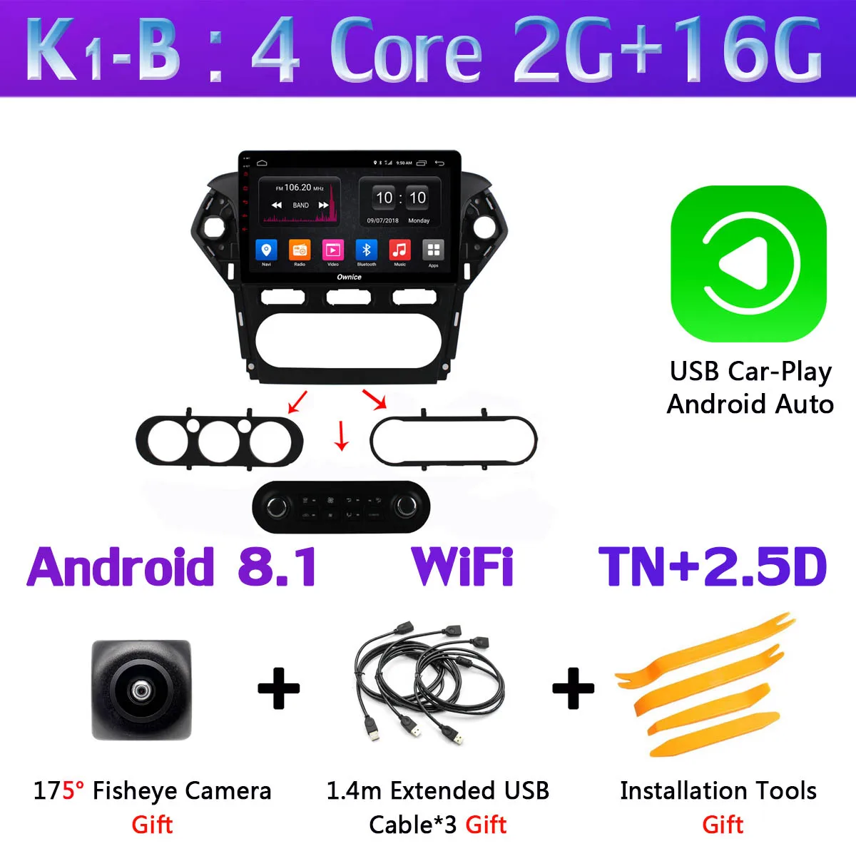 K1-B-CarPlay 360 ° 4 × камера Android 9,0 8Core 4G+ 64G gps радио CarPlay DSP автомобильное мультимедийное головное устройство плеер для Ford Mondeo-2010 MT AT - Цвет: K1-B-CarPlay