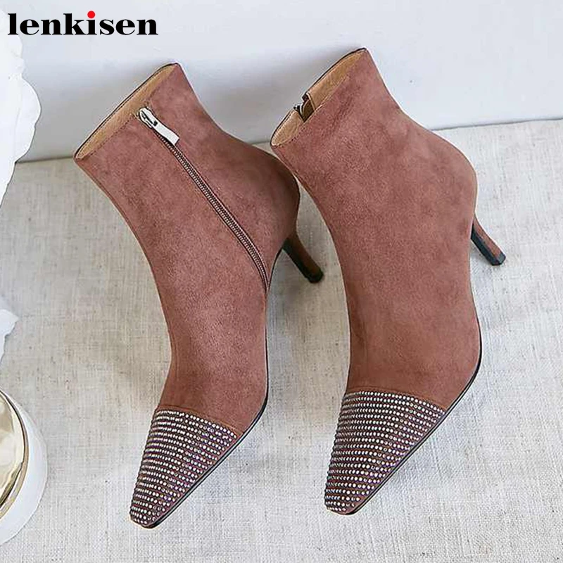

Lenkisen 2020 new winter crystal studded genuine leather square toe stiletto high heels side zip beauty lady fashion shoes L28