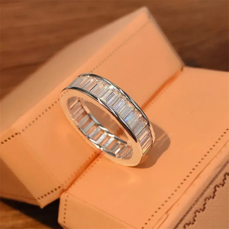 

Unique Luxury Jewelry Pure 100% 925 Sterling Silver Princess Cut White Topaz CZ Diamond Women Wedding Band Ring Never Fade