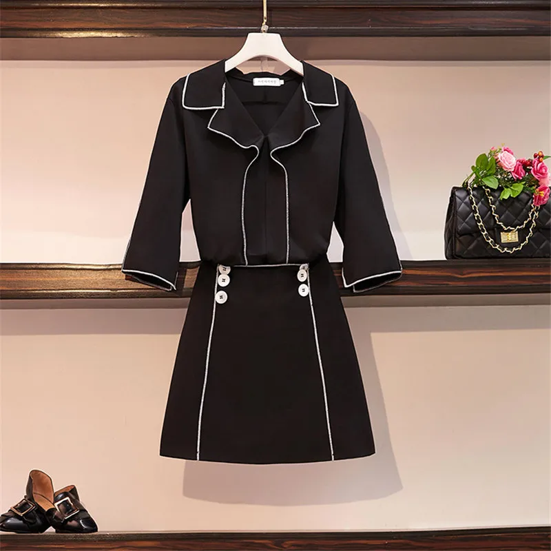 

CBAFU L-4XL new black office 2 piece set plus size skirt suit ruffles blouse autumn casual mini a-line skirt women's set P418