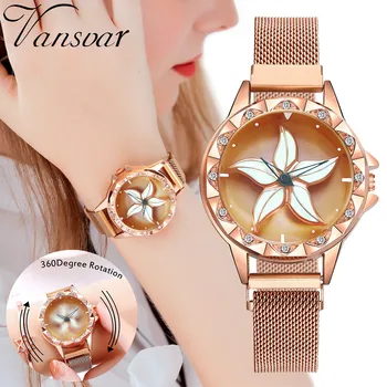

Wrist Watch Women's Watches Clock relogio feminino Vansvar Women's Quartz Magnet Buckle Stainless Steel Flower Rotation Watch