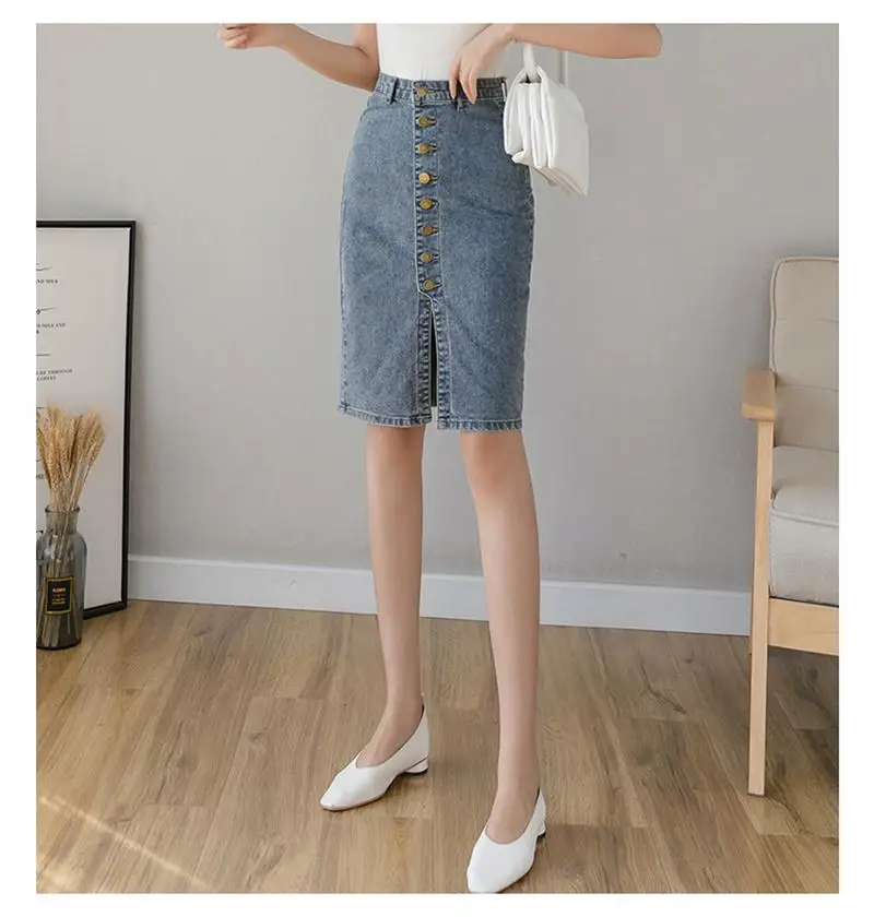 

Spring Autumn 2020 New Denim Sheath Wrap Skirt Single-Breasted High Waist Pencil Midi Skirt Front Split Skirts Womens