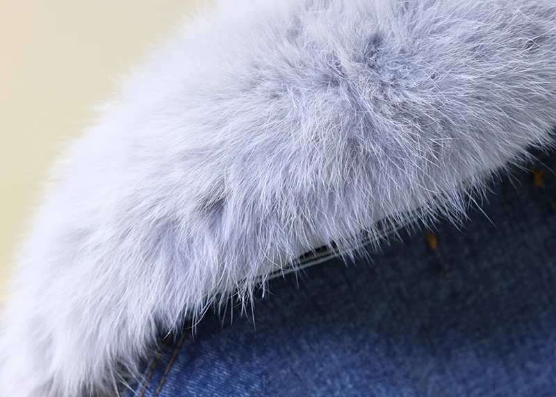 Winter new rivet real rabbit fur liner thick denim jacket female