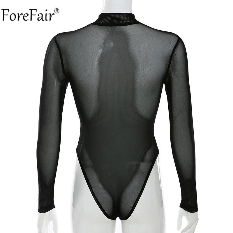 Forefair V шеи молния Черная сетка комбинезон для женщин с длинным рукавом Осень Перспектива Сексуальная уличная модные боди