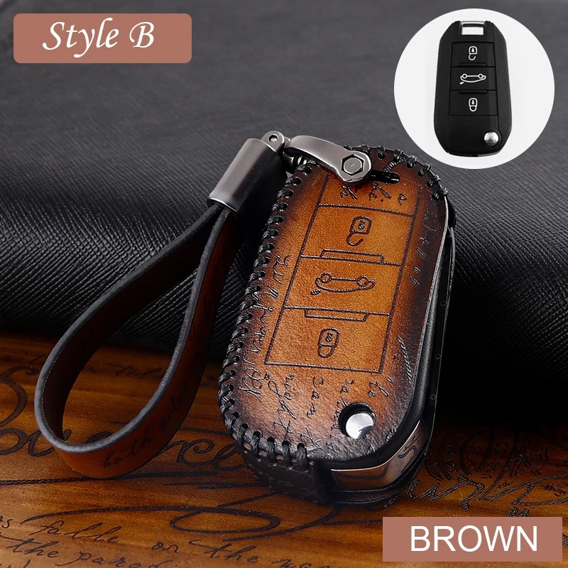 Style B-Brown Натуральная кожа Ключи дистанционного крышка чехол для peugeot 107 206 207 208 306 307 308 407 408 508 RCZ для Citroen C2 C3 C4 C5 - Название цвета: Style B-Brown