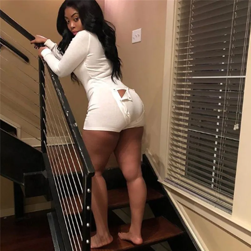 Sexy Women Ladies Bodycon Romper Jumpsuit Sleepwear Home Wear V-neck Boduycon Button Long Sleeve Leotard Playsuit Bodysuit 2019