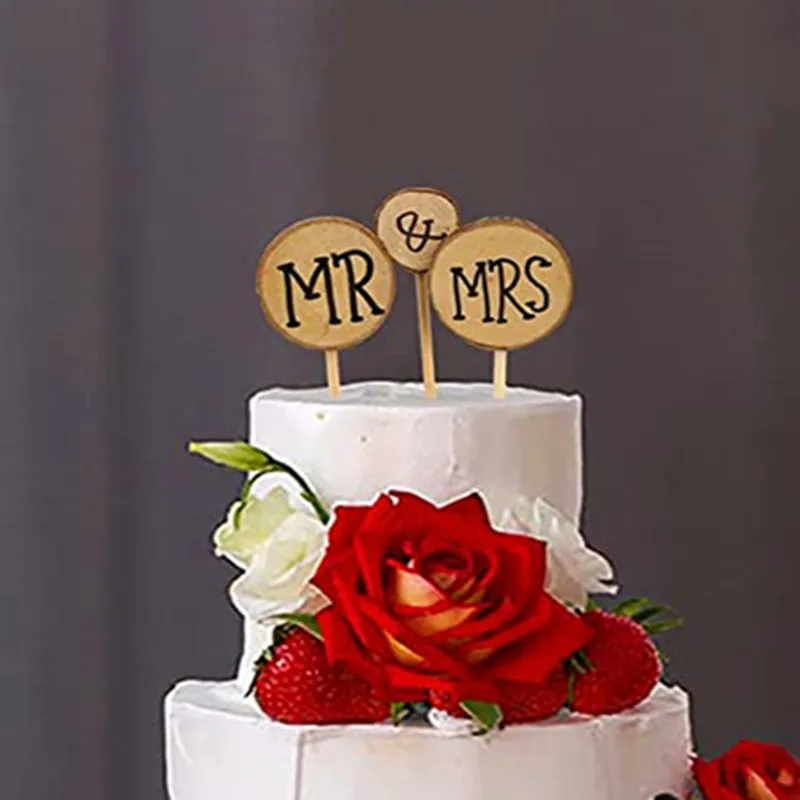 3pcs Wood Mr And Mrs Wedding Cake Topper Stick Decor Rustic Anniversary Party 