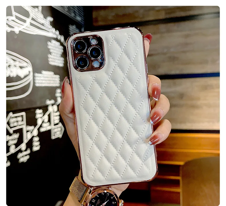 Luxury Grid Pattern Leather Back Cover Compatible with All iPhone Models