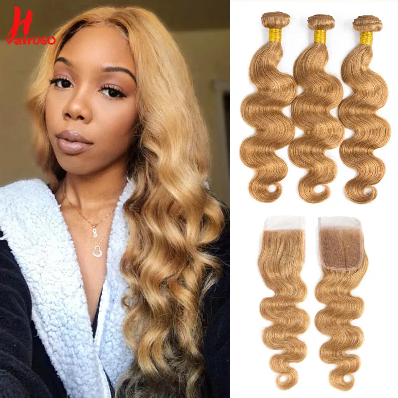 HairUGo медовый блонд пряди с закрытием #27 Remy малазийские волосы плетение объемная