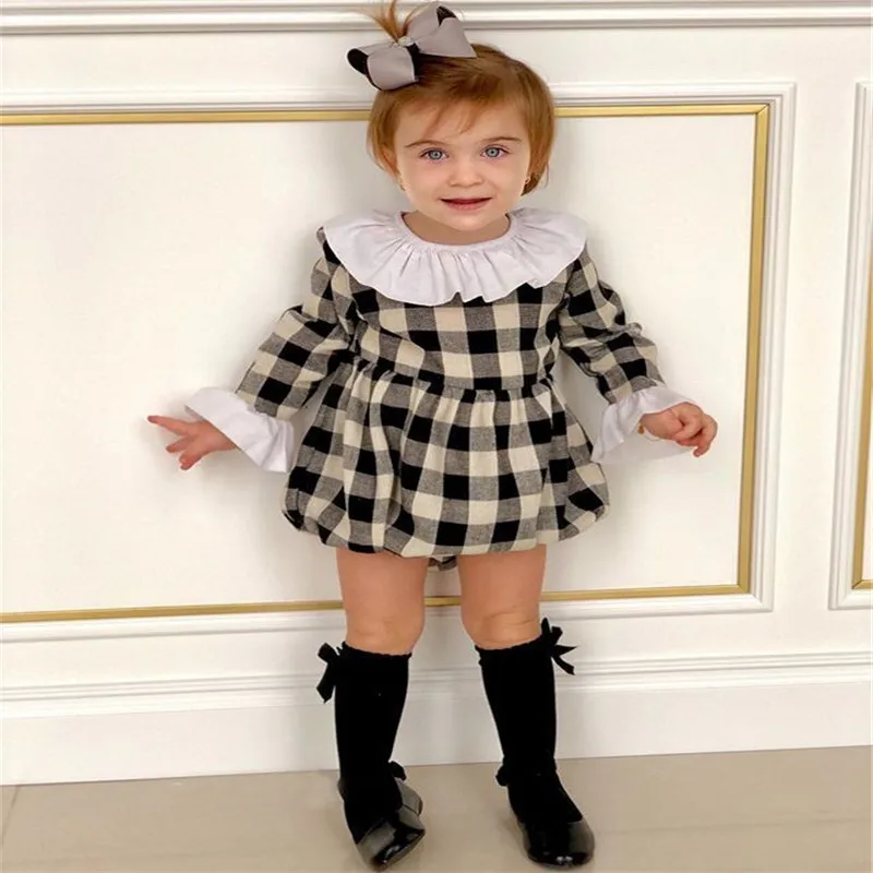 

Toddler Baby Girls Clothes Plaid Flared Sleeve Ruffle Button Jumpsuit round neck kids autumn cotton newborn Bodysuit one pieces