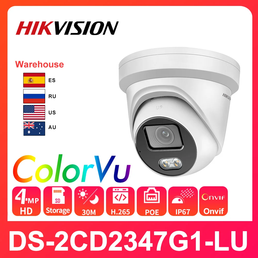 Hikvision Original ColorVu IP Camera Security DS-2CD2347G1-LU HD 4MP Network Bullet PoE H.265+ WDR DNR CCTV SD Card  Slot Webcam