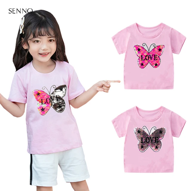 Sihirli pullu T-shirt kızlar için giysi yaz pamuk renk değişimi kelebek  çocuklar Tees kısa kollu çocuk T shirt Tops - AliExpress