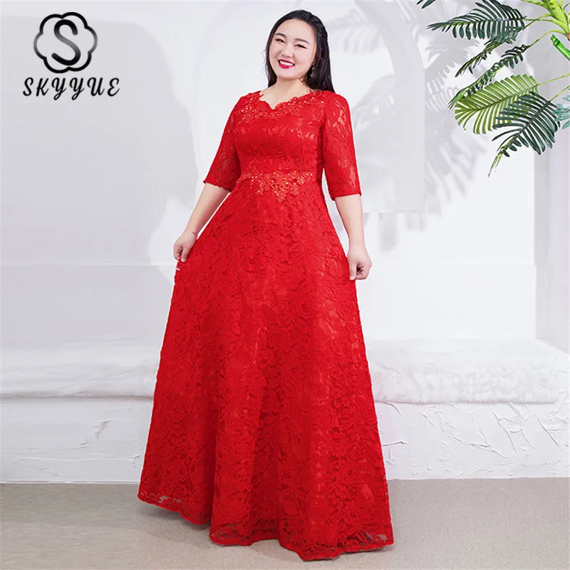 

Skyyue Red O-Neck 2019 Evening Dress Robe De Soiree Elegant Plus Size Women Party Dresses Half-sleeve Long Formal Gowns T068
