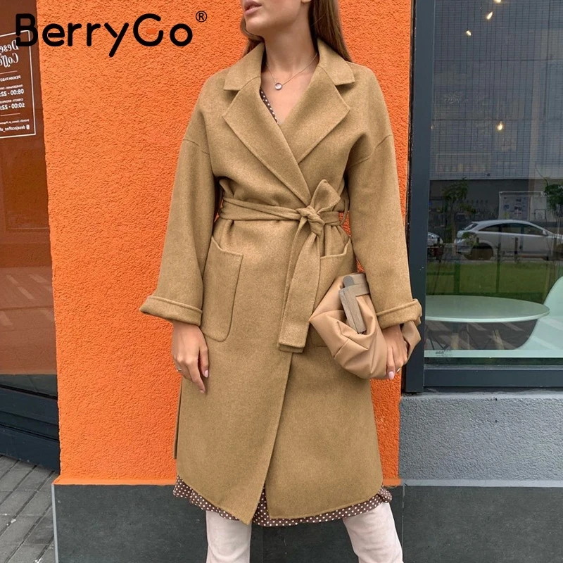 BerryGo, Элегантное длинное пальто цвета хаки, Женское пальто с поясом и карманами, Осень-зима, Женское пальто с длинным рукавом, женская верхняя одежда, твидовые пальто