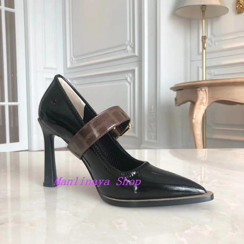 Роскошные фирменные дизайнерские коричневые женские туфли-лодочки со съемным ремешком и пряжкой женская обувь с острым носком на каблуке в деревянную полоску Женская обувь для подиума mary janes