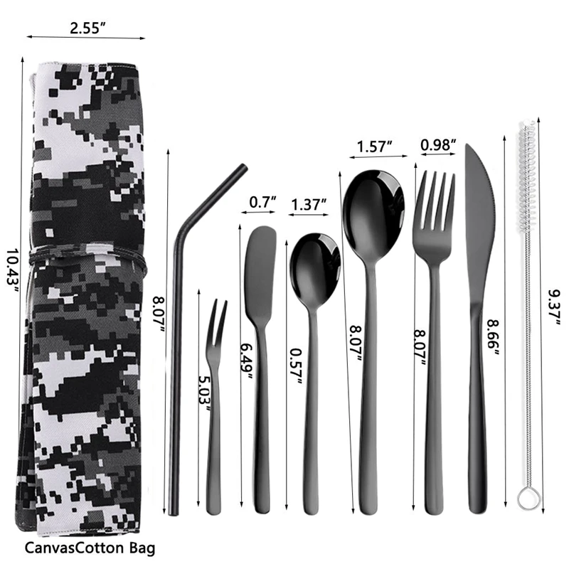 ABSS-8-Piece столовые приборы из нержавеющей стали, серебряные столовые приборы, набор для 1, набор посуды для путешествий на открытом воздухе