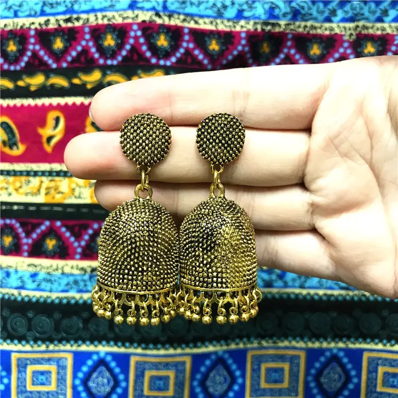 Индийский jhumka женские серьги древнее золото Племенной преувеличенный мозаичный узор непальская тяжелая промышленность feamle ювелирные изделия bijuteria