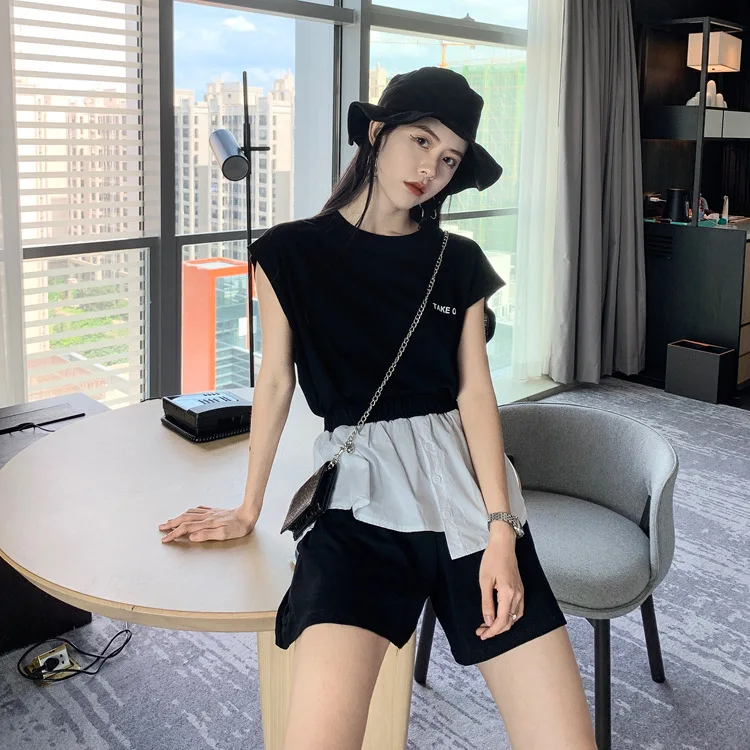 

Versatile Lettered Printed T-shirt Vest + Mock Two-Piece Elastic Waist Shorts Two-Piece Set