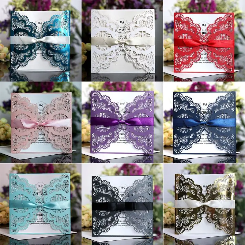  50pcs Wedding Invitation Card with ribbon Laser Cut Floral Glittering Engagement Baptism Invitation - 4.00036E+12