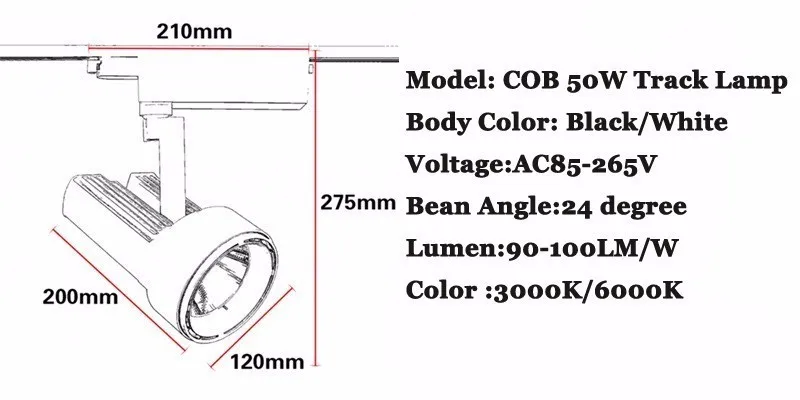 10 шт. 40 Вт 50 Вт COB светодиодный Трек свет AC85-265V 1 фаза 2 провода светодиодный место на рельсе свет лампы для дома магазин магазинов