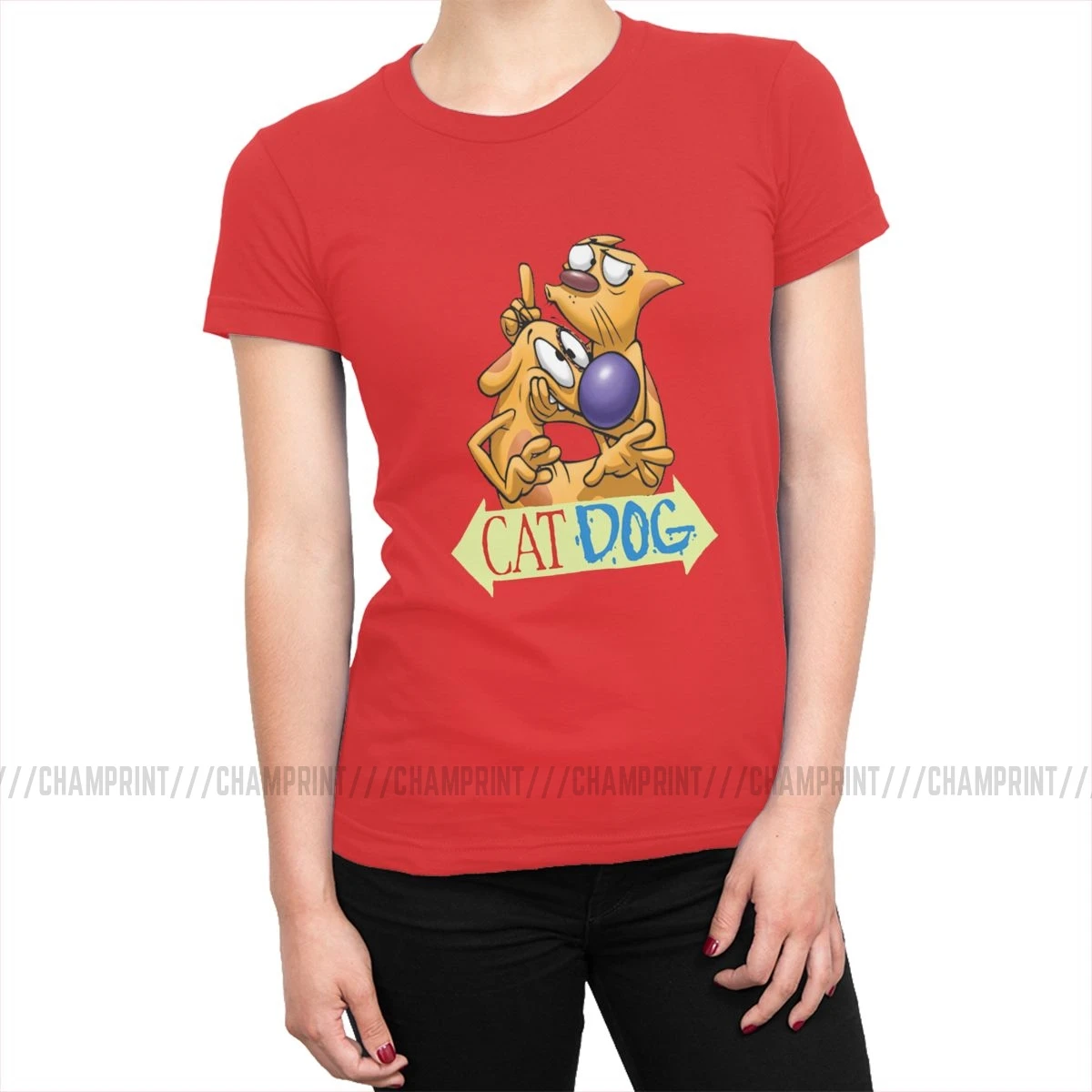 CatDog логотип футболки Для женщин 90s футболка с забавным мультипликационным принтом «Old School футболки Tumblr футболки для девочек топ в готическом стиле, Хлопковые женские Костюмы графический - Цвет: Красный