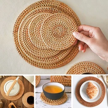 Tappetino per tazza rotondo in Rattan naturale Hot Pad, tovaglietta per isolamento caldo tessuta a mano s imbottitura per tavolo accessori per la decorazione della cucina 1