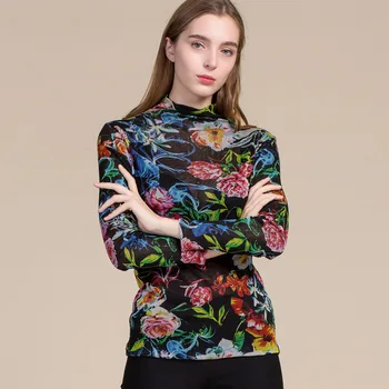 

New Real Silk Mesh Half-Turtle-Neck Base Shirt Women's Mulberry Silk Double Layer Pullover Long-sleeved T-shirt WOMEN'S Top
