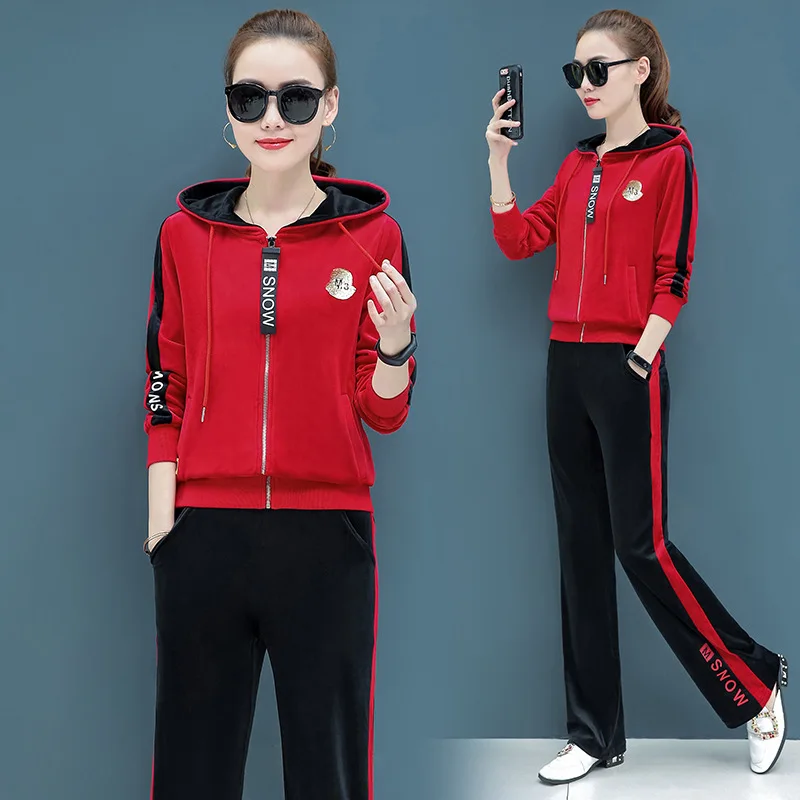 

Autumn Tracksuits for Women Velvet Two Piece Sets Velour Long Sleeve Zipper Hoodies Sweatshirt and Pants Suit Female Home Suits