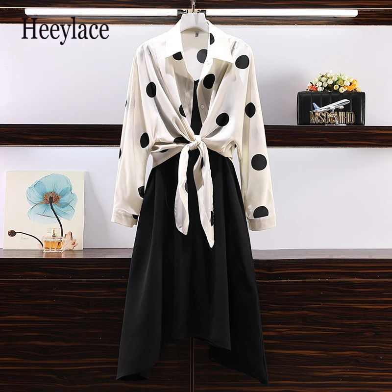 

Plus Size 2 Piece Women Sets 2019 Summer New Sling Long Dress Suit + Loose Casual Dot Print Shirt Blouse Suit Large Size 5XL