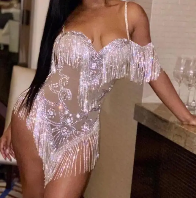 Sparkly Silver Rhinestone Fringe Transparent Bodysuit Women Dancer Show Celebrate Outfit Prom Bar Birthday Outfit