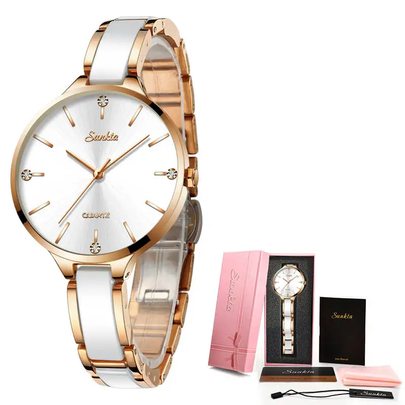 SUNKTA, женские керамические часы, женские простые часы с бриллиантами, повседневные модные часы, спортивные водонепроницаемые наручные часы, Relogio Feminino - Цвет: Rose gold white