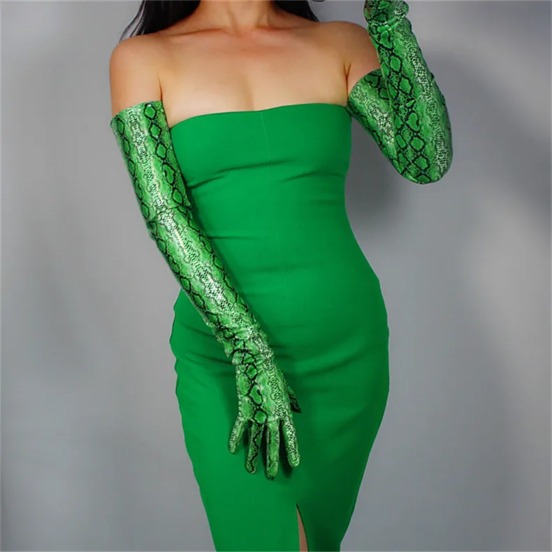 Змеиная кожа Экстра длинные перчатки 70 см длинная секция лакированная кожа эмуляция Кожа PU яркая кожа животное питон зеленая змея WPU40