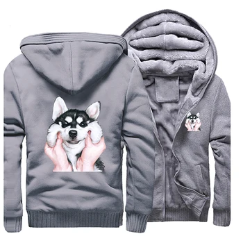 

Cute Smile Husky Cartoon Hooded Winter 2019 Hot Sale Sweatshirt Coat Thick Hip Hop Fashion Funny Streetwear Raglan Warm Clothing