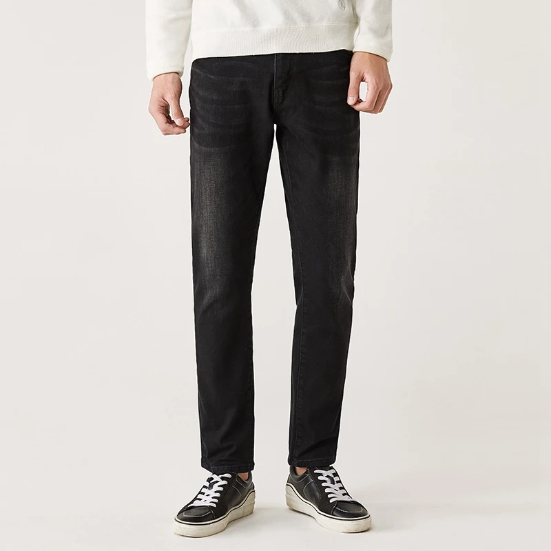black SEMIR джинсовые брюки мужские Зимние новые с низкой талией маленькие прямые брюки теплые Daning wind Корейская версия трендовые джинсы мужские - Цвет: black