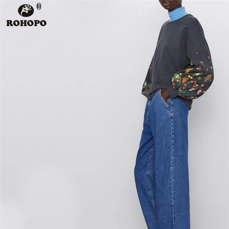 ROHOPO, с пышными рукавами, с круглым воротником, серая толстовка, с цветочным принтом, с манжетами, хлопок, Джерси, Фабричный, зимний женский пуловер, топ, толстовки 9461