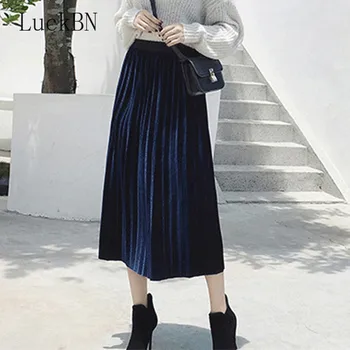 

LuckBN Suede Pleated Skirts Women Fashion 2019 Autumn Winter Midi Long Skirt Female High Waist Elegant Skirt Green Blue Black