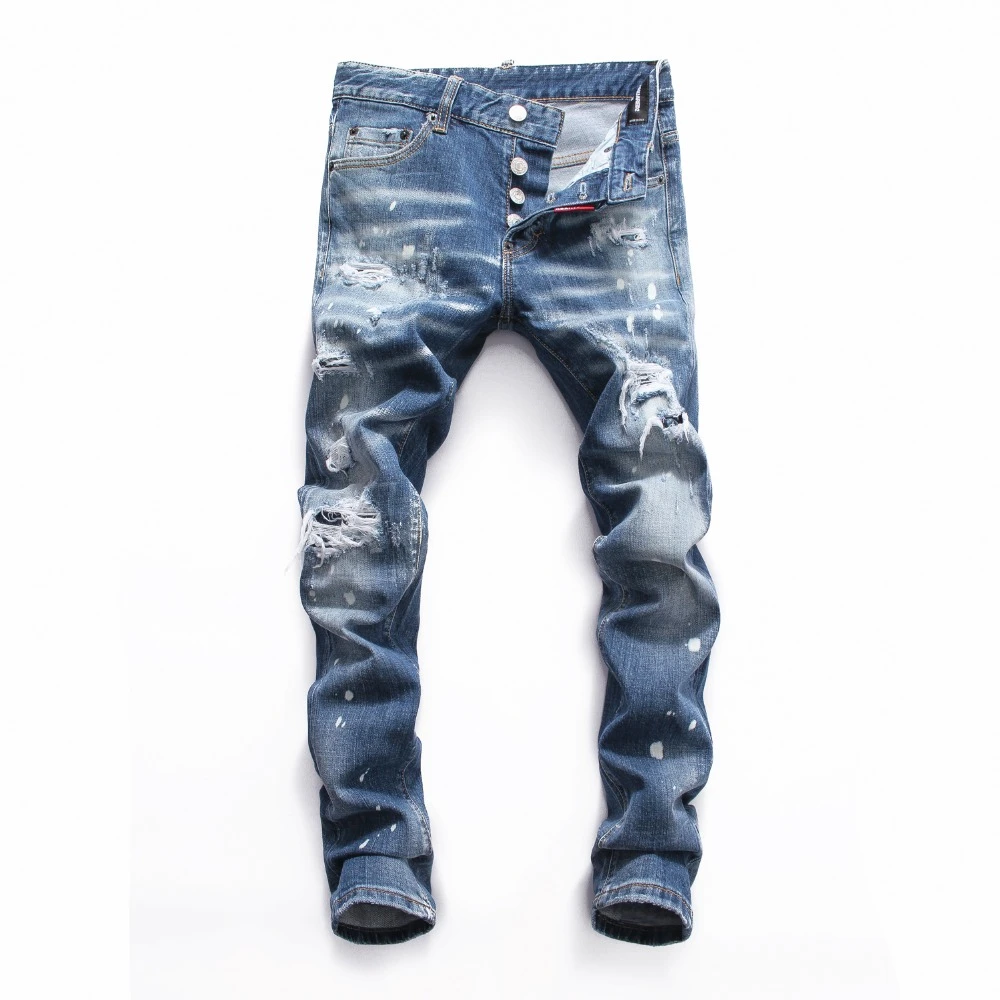Pantalones vaqueros ajustados para hombre, Jeans de estilo americano y europeo de famosa marca, pantalones pitillo retazos con botones y agujeros azules|Pantalones vaqueros| - AliExpress