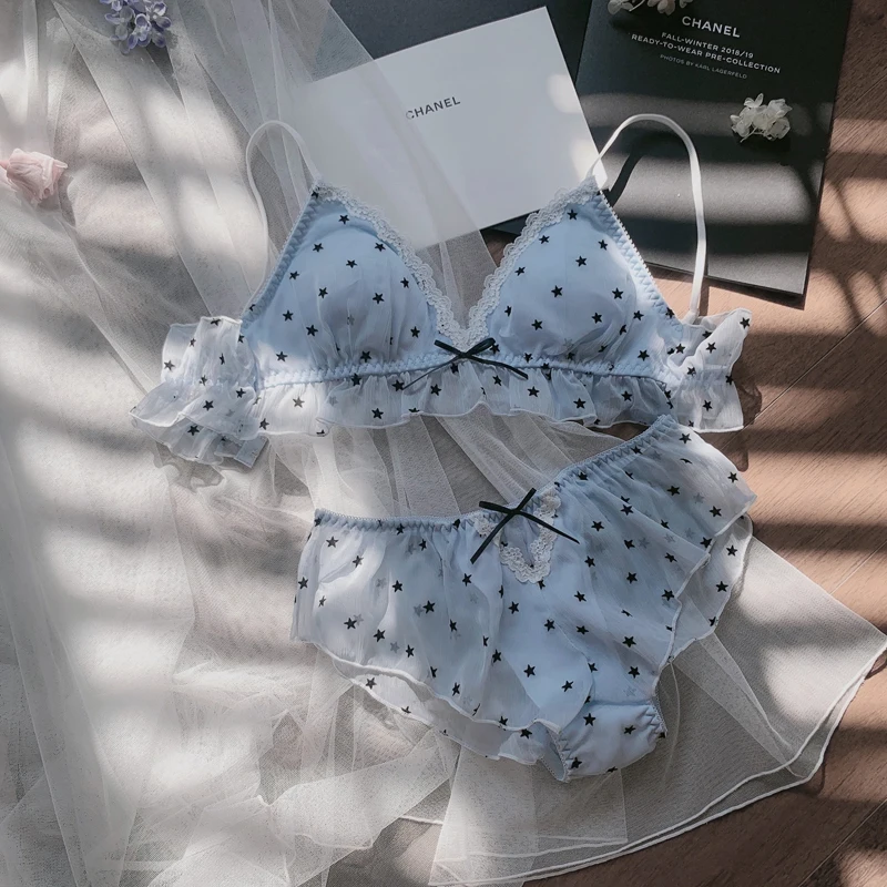 Blue Kawaii нижнее белье для женщин без косточек для молодых девушек SJapaweet бюстгальтер с оборками и трусики Комплект японский сладкий сексуальный кружевной комплект нижнего белья консервативный стиль - Цвет: Blue