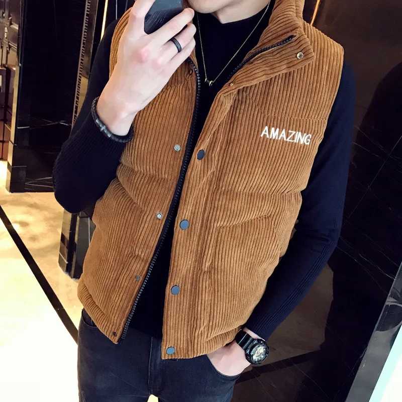 

Autumn & Winter Fashion Man Cotton Vest Korean-style Corduroy Handsome Stand Collar Sleeveless Coat Slim Fit Thick Vest Outer We