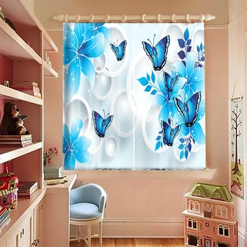 

Children Bedroom Curtains Cartoon Blue Butterfly Flower Pattern Short Curtains for Small Windows Thicken Fabric Blackout Curtain
