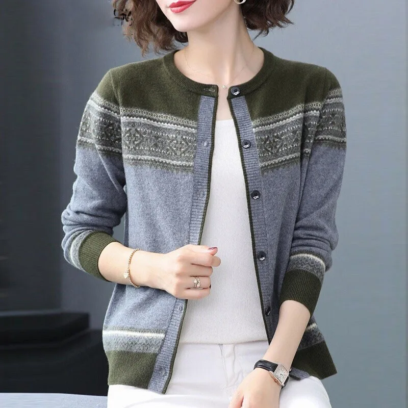 Women Long Sleeve Cardigan Sweater With Button Female O-Neck Striped Cardigans New Casual Knit Autumn Outwear Warm Knitwear |