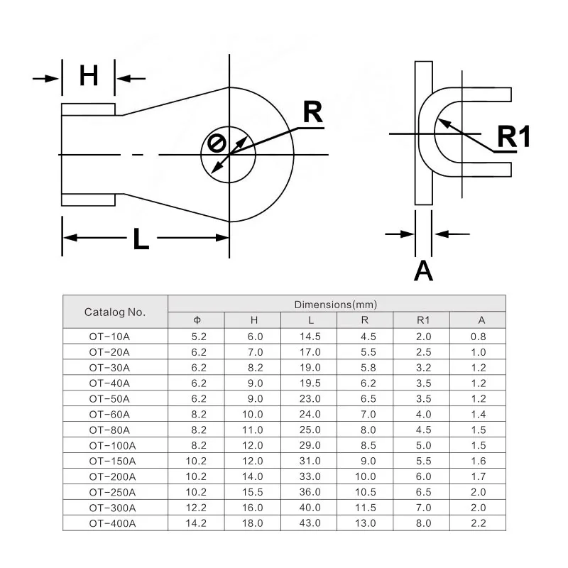 70 шт., OT-10A, 20A, 30A, 40A, 50A, диаметр, красная медь, круговое соединение, кольцо, клеммный провод, голый аккумулятор, соединительные наконечники, клеммы