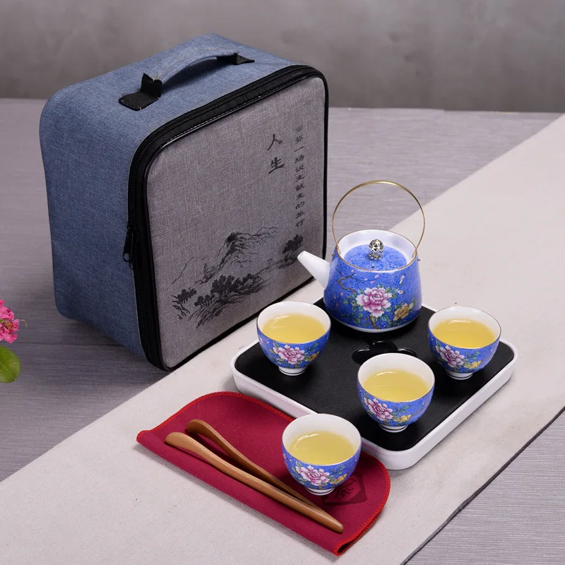 Ручной росписью Китайский керамический чайный сервиз портативный дорожный чайный набор кунг-фу офисные чашки контейнер для кофе с сумкой автомобильный чайный сервиз