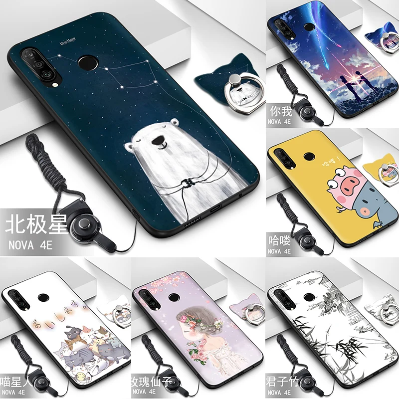 Черный кремний чехол для huawei Nova 4E P30 Lite с держателем кольца на палец Съемный шнур| |