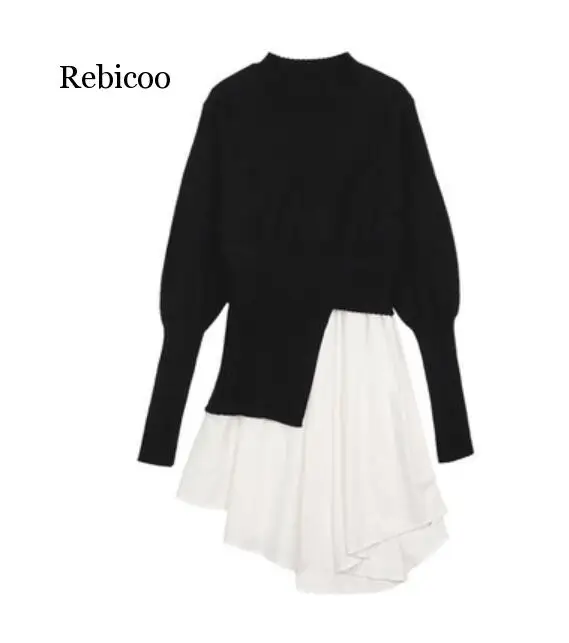 Autumn Two Pieces Fake Knitted Sweater Female O-neck Long Sleeve Irregular Sweater Ruffles Patchwork Pullover
