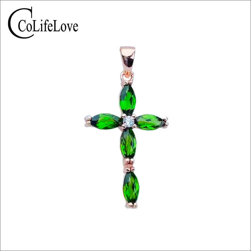 CoLife Jewelry Silver Cross Pendant for Daily Wear 3x6mm Natural Diopside Necklace 925 Chrome | Украшения и аксессуары