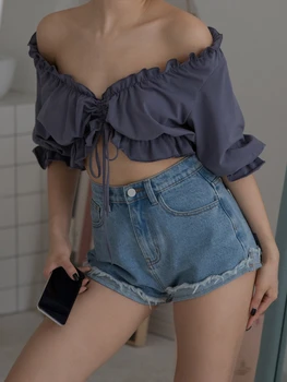 

Crop Top T-shirt New Style Hot Sales Spring and Summer Lantern Sleeve INS Vacation Style Navel Short-sleeved Top